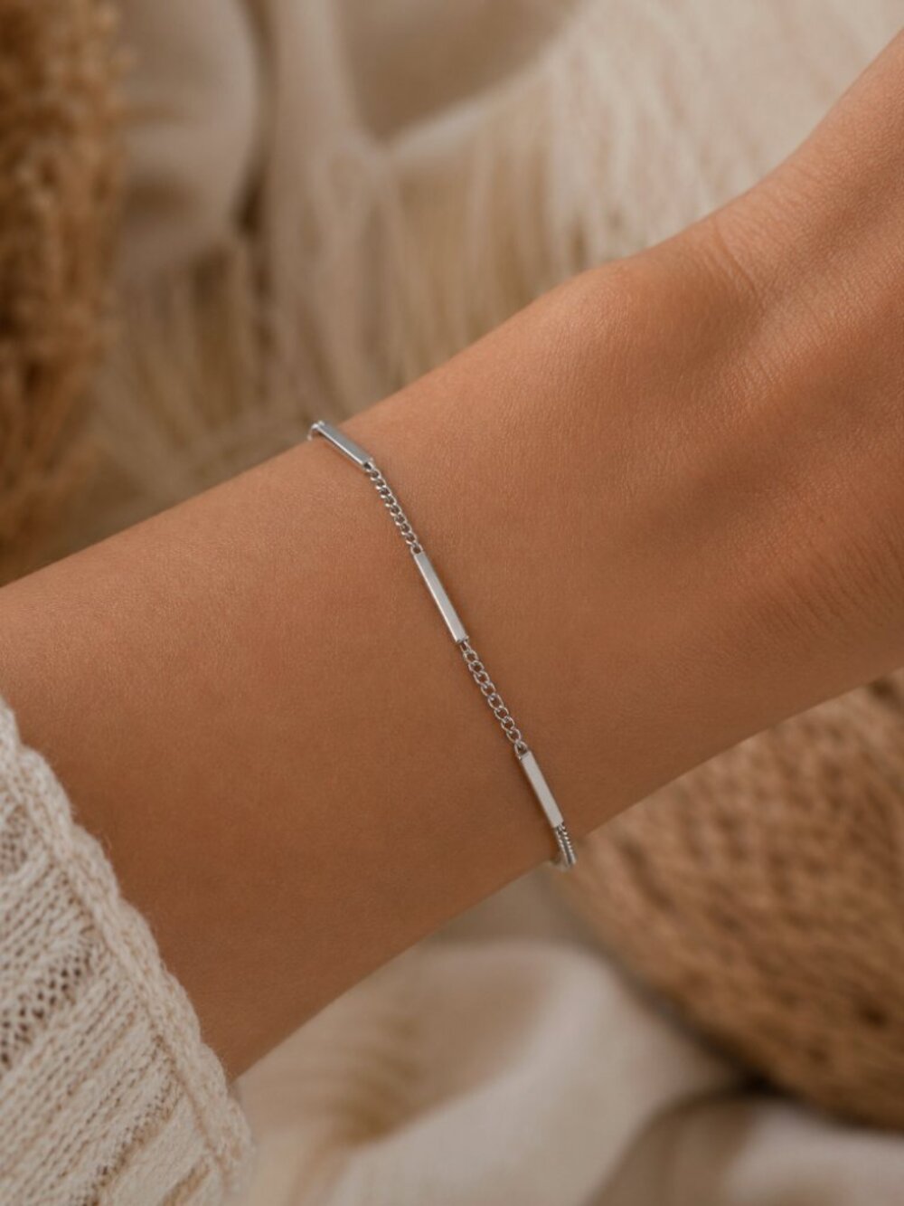 925 Sterling Silver Dainty Bar Link Chain Bracelet Minimalist Bar Thin Bracelet